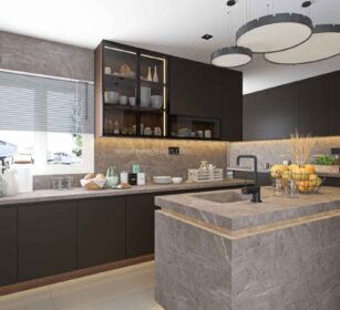 Island modular kitchen in Bangalore home with central countertop and seating