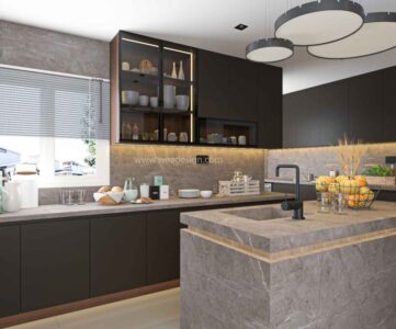 Island modular kitchen in Bangalore home with central countertop and seating
