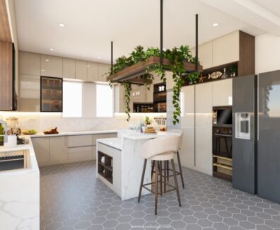 Modern kitchen design with spacious island and smart storage by WEA Designs