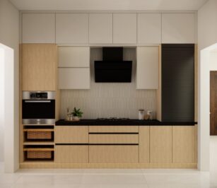Straight modular kitchen with two-tone cabinets, built-in oven, modern chimney, and minimalist design
