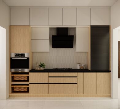 Straight modular kitchen with two-tone cabinets, built-in oven, modern chimney, and minimalist design