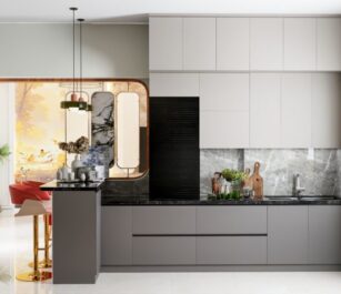 Straight modular kitchen with modern cabinets and marble countertop