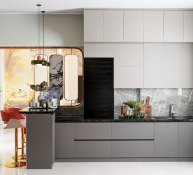 Straight modular kitchen with modern cabinets and marble countertop