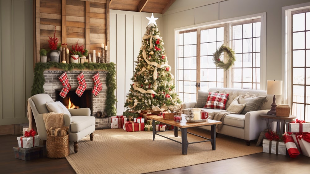 christmas living room decoration with tree, fireplace stockings, and gift boxes